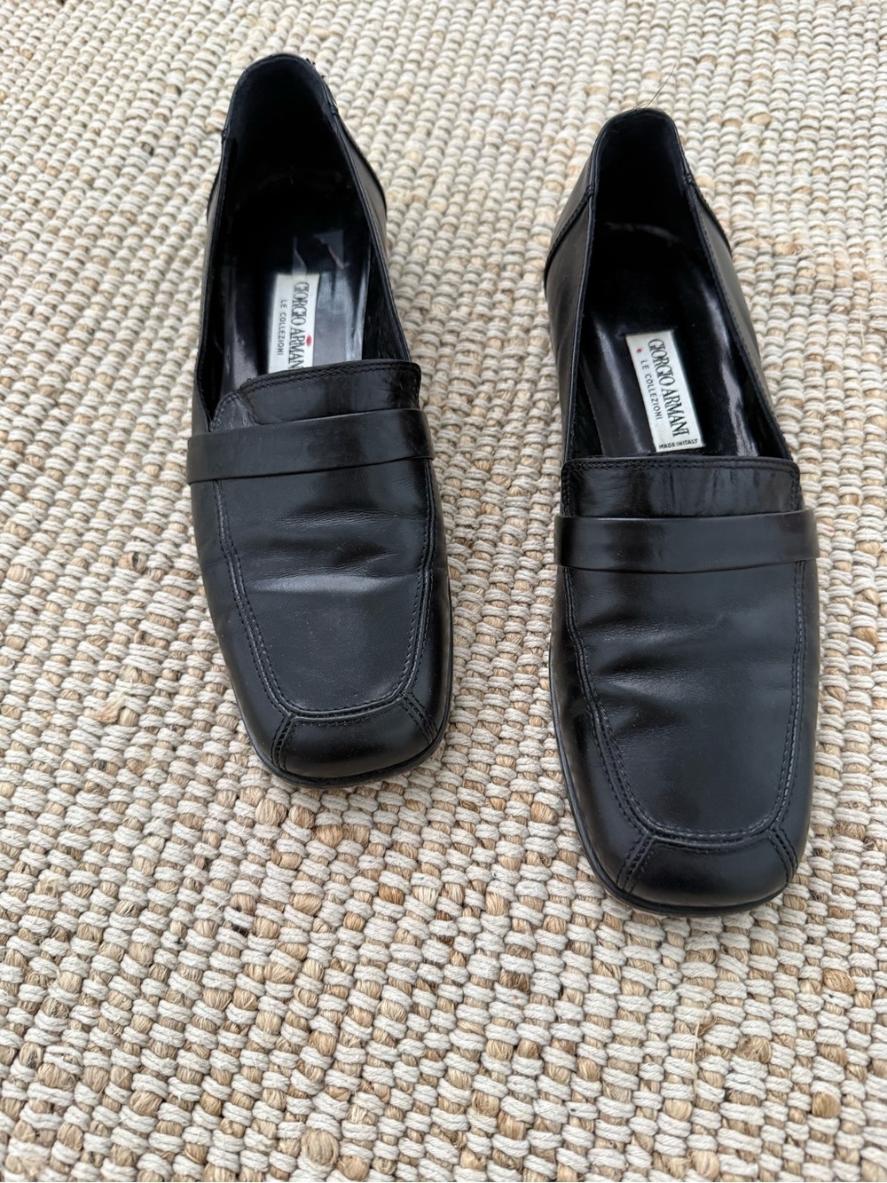 Giorgio Armani Black Leather Penny Loafers with Square Toe